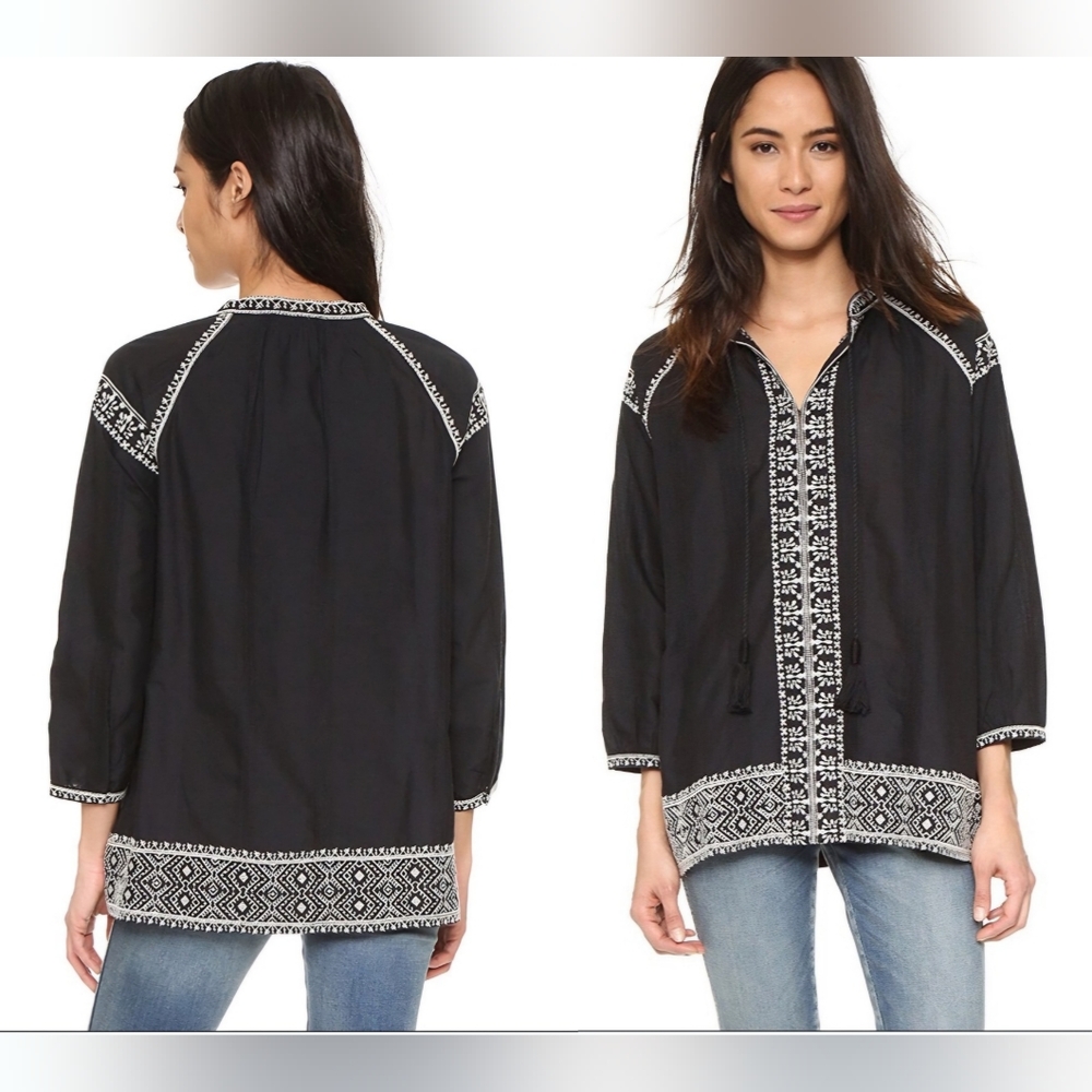 MADEWELL Black Embroidered CAMELIA Tassel Tunic Hippie Boho Top Small Peasantโ - Picture 2 of 16